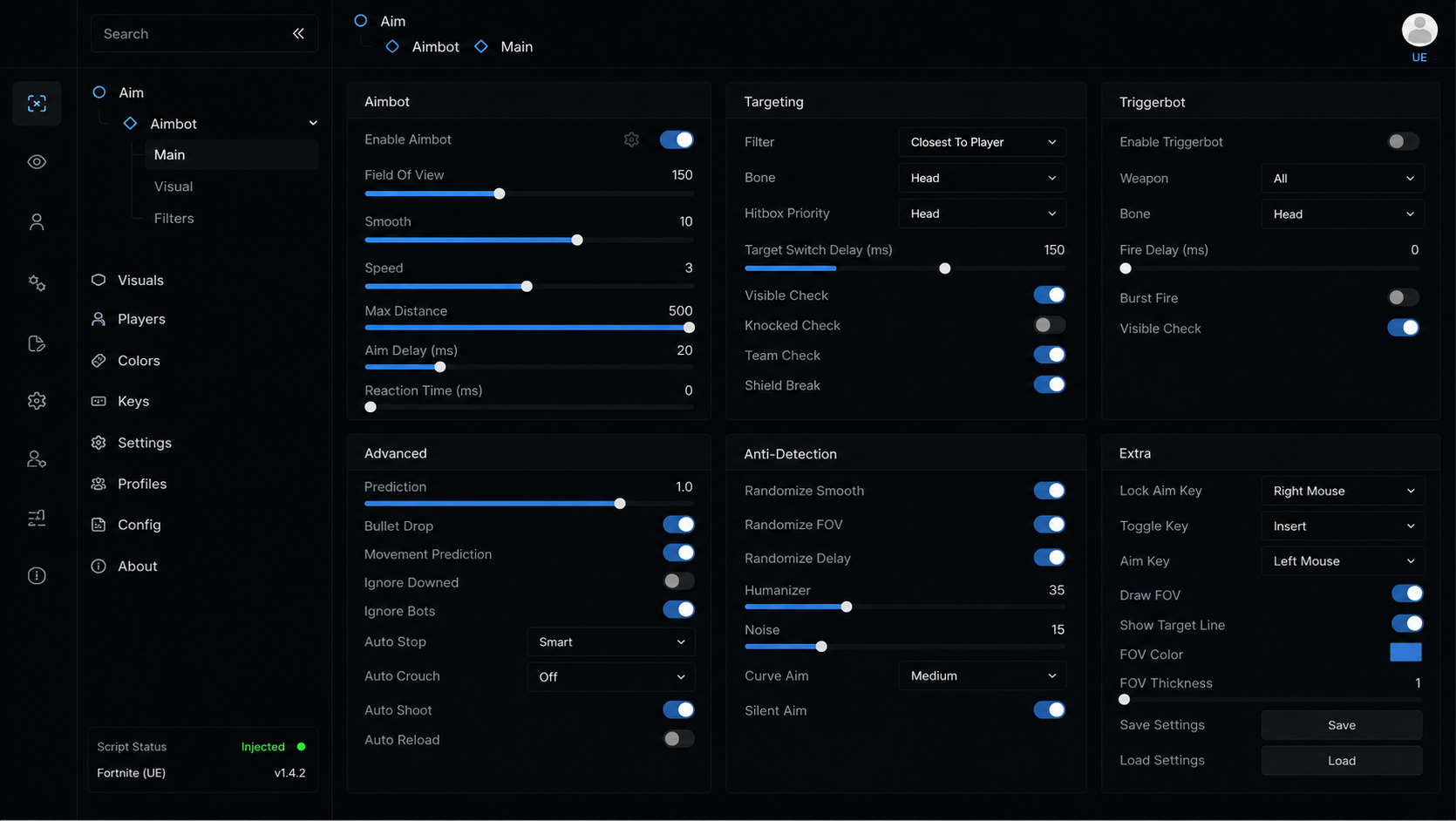 Wkeyreaper cheat loader interface showing aimbot, triggerbot and ESP settings